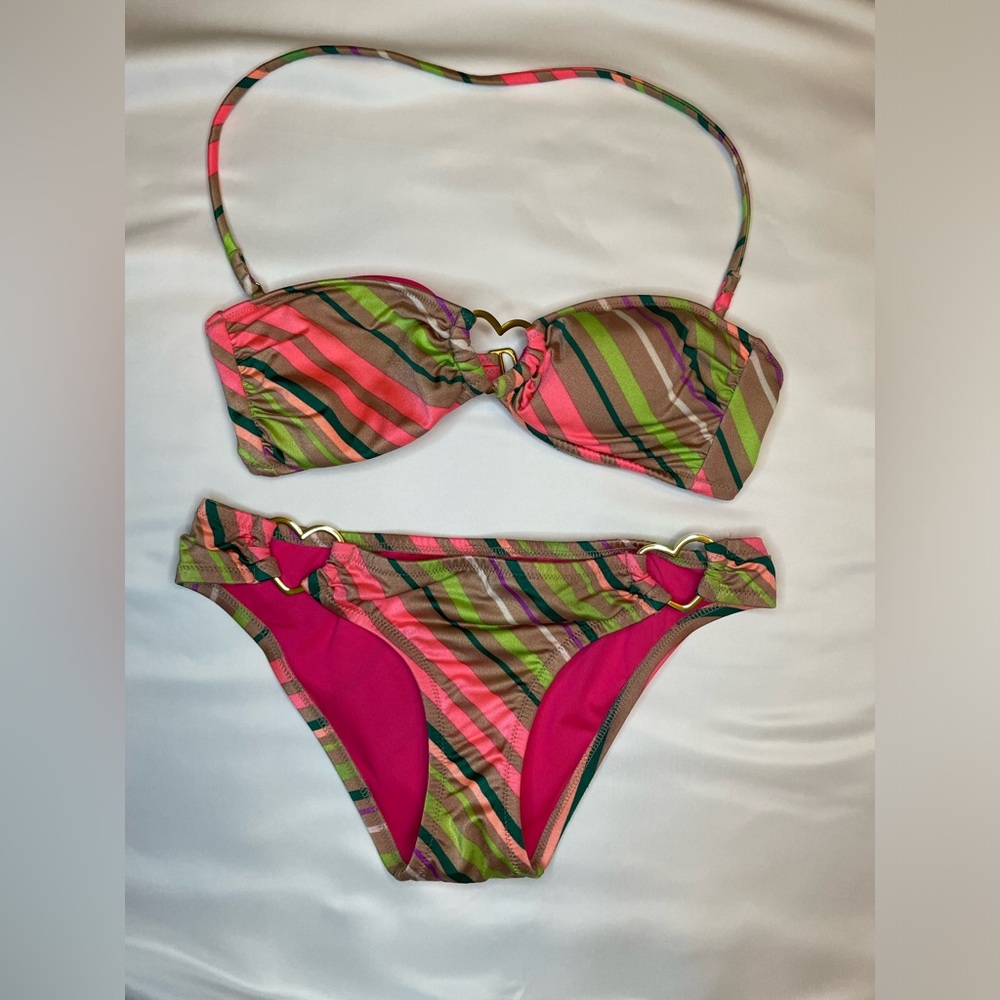 💖HP🌴HTF VS Tan, Colored-striped Bandeau Bikini👙